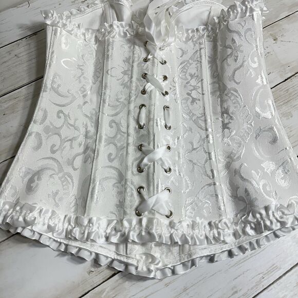 Pin Up White Jacquard Floral Lace Up Boned Frilly Corset Bustier Top S - Picture 16 of 16